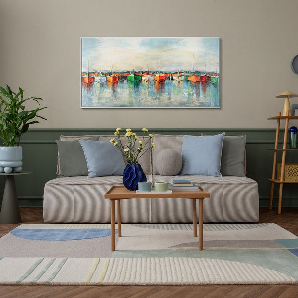 Gemälde "Die Ruhe des Hafens" horizontale Meeresszene mit leuchtenden Farben