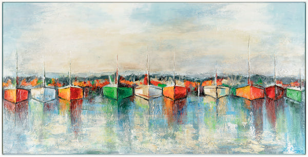 Gemälde "Die Ruhe des Hafens" horizontale Meeresszene mit leuchtenden Farben