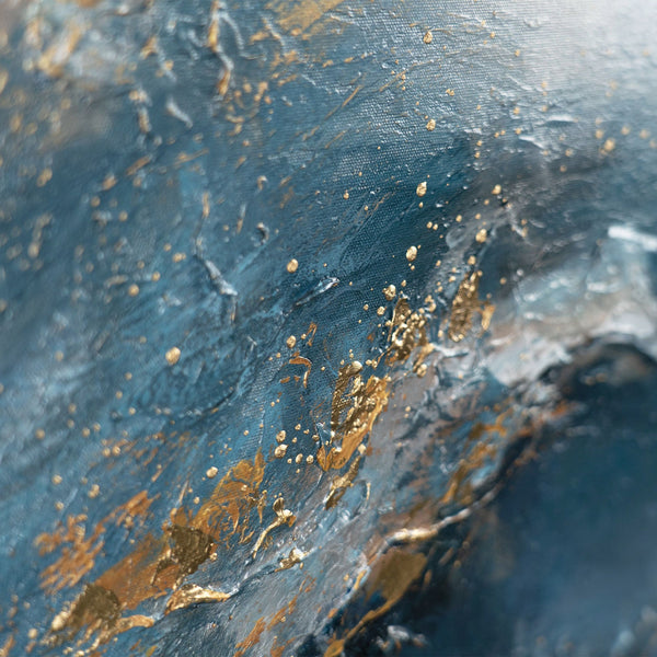 Gemälde "Der Fluss der Elemente" strukturelle Abstraktion mit einem Wasserfall und Goldrelief