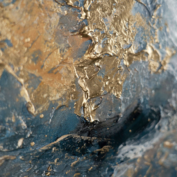 Gemälde "Der Fluss der Elemente" strukturelle Abstraktion mit einem Wasserfall und Goldrelief