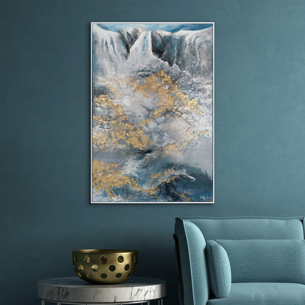 Gemälde "Der Fluss der Elemente" strukturelle Abstraktion mit einem Wasserfall und Goldrelief