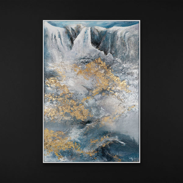 Gemälde "Der Fluss der Elemente" strukturelle Abstraktion mit einem Wasserfall und Goldrelief