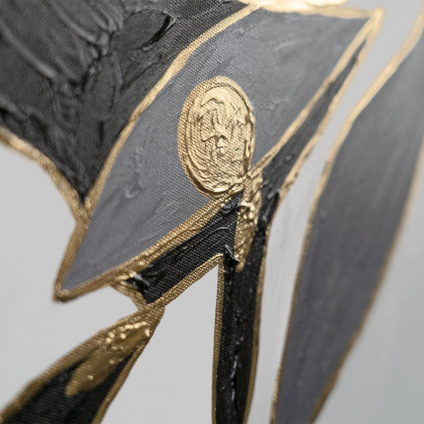 Gemälde "Grafische Blume" elegante Abstraktion in Schwarz, Grau und Gold