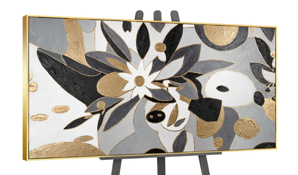 Gemälde "Grafische Blume" elegante Abstraktion in Schwarz, Grau und Gold