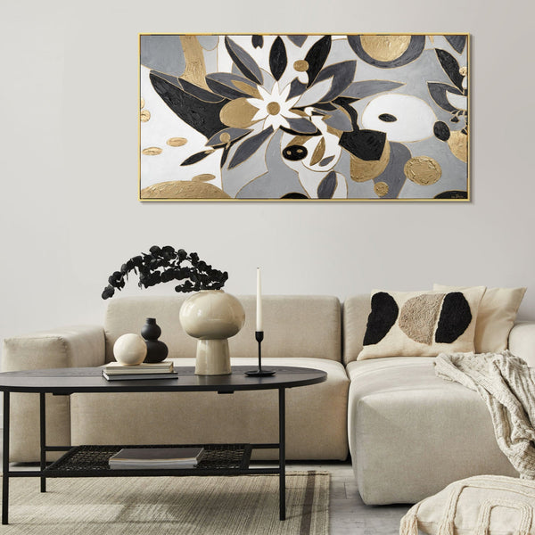 Gemälde "Grafische Blume" elegante Abstraktion in Schwarz, Grau und Gold