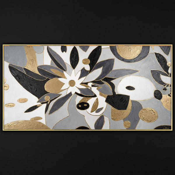 Gemälde "Grafische Blume" elegante Abstraktion in Schwarz, Grau und Gold