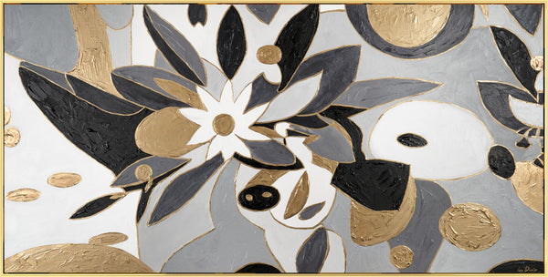 Gemälde "Grafische Blume" elegante Abstraktion in Schwarz, Grau und Gold