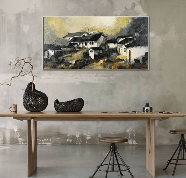 Gemälde „Die Stille eines Bergdorfes“ stimmungsvolle Landschaft in gedämpfter Farbpalette