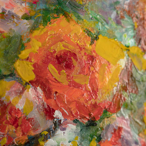 Gemälde „Blumen über dem Meer“ impressionistisches Stillleben mit Sonnenuntergangslicht