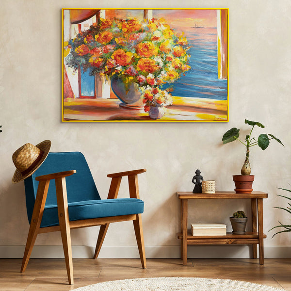 Gemälde „Blumen über dem Meer“ impressionistisches Stillleben mit Sonnenuntergangslicht