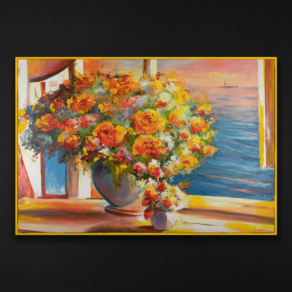Gemälde „Blumen über dem Meer“ impressionistisches Stillleben mit Sonnenuntergangslicht