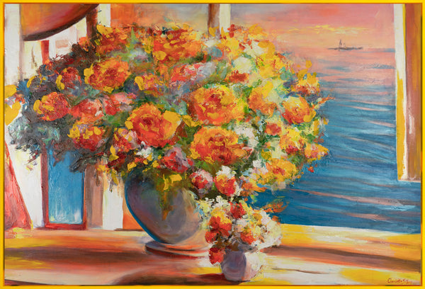 Gemälde „Blumen über dem Meer“ impressionistisches Stillleben mit Sonnenuntergangslicht