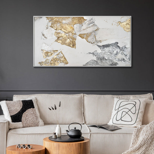Gemälde „Mineralien des Lichts“ Abstraktion mit Gold- und Silbertexturen.