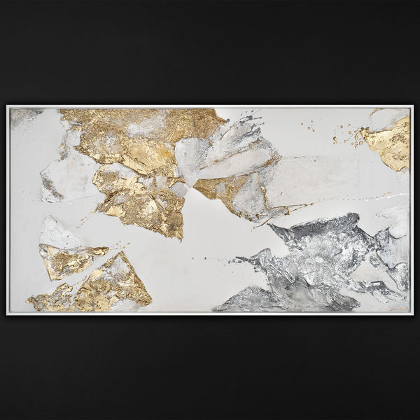 Gemälde „Mineralien des Lichts“ Abstraktion mit Gold- und Silbertexturen.