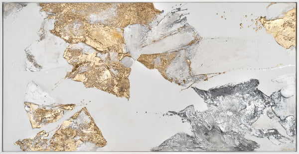 Gemälde „Mineralien des Lichts“ Abstraktion mit Gold- und Silbertexturen.